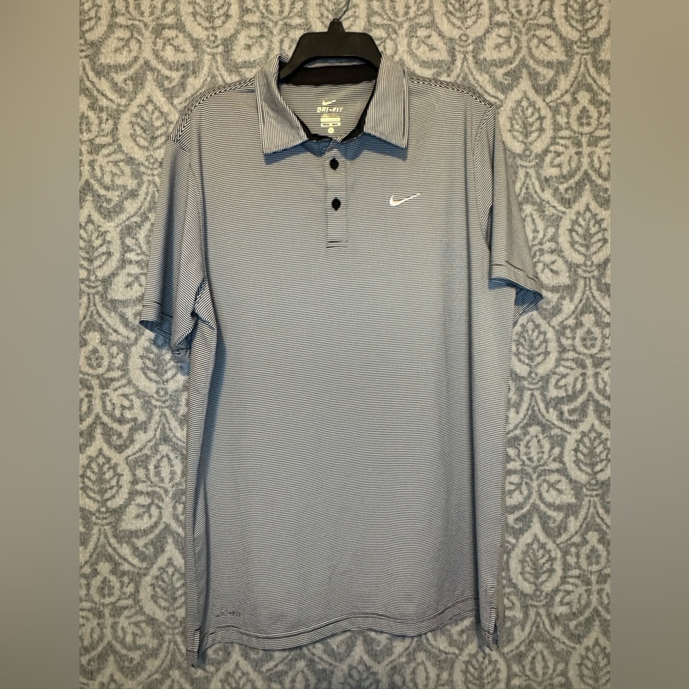 Nike Golf Dri-Fit Black & White Striped Polo Shirt Mens  Shirt Sleeve Size XL